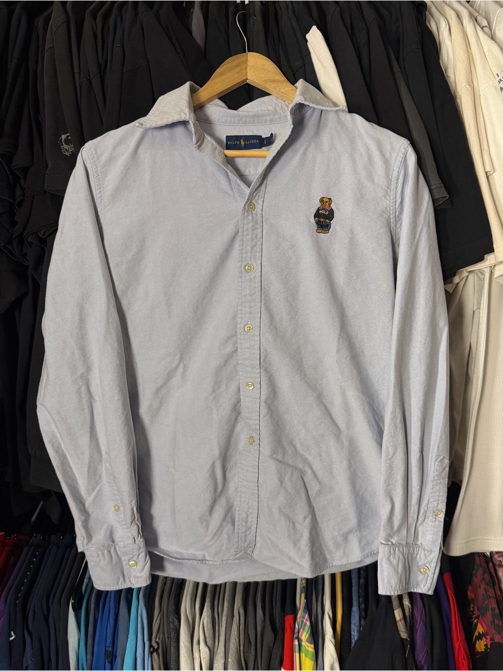 Ralph Lauren Polo Bear Button Down Shirt Mens Large Blue Slim Fit Preppy Classic